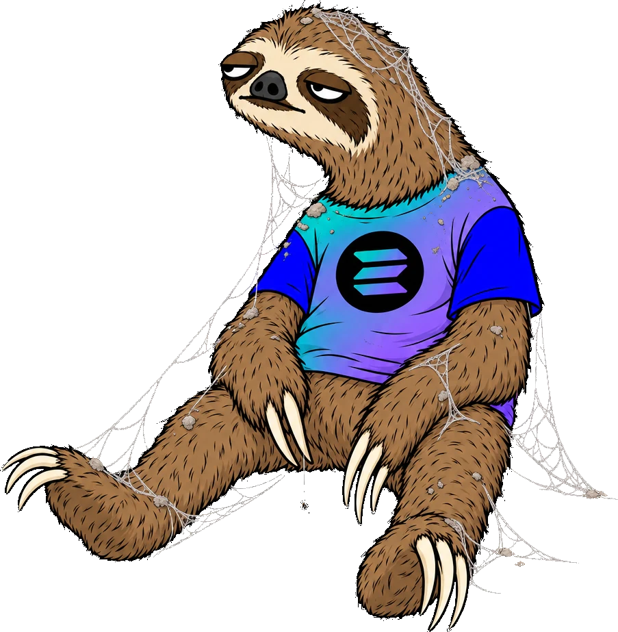Slo the sloth sitting on the floor covered in cobwebs, still waiting
